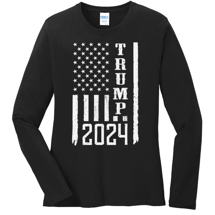 Trump 2024 American Flag Patriotic Vintage Ladies Long Sleeve Shirt