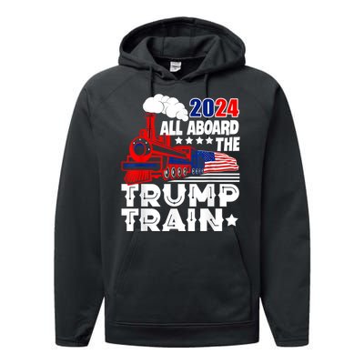 Trump 2024 All Aboard The Trump Train Usa American Flag Performance Fleece Hoodie