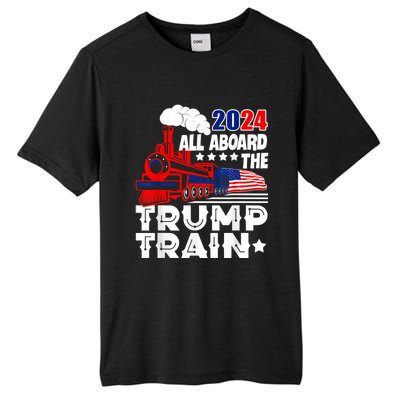 Trump 2024 All Aboard The Trump Train Usa American Flag Tall Fusion ChromaSoft Performance T-Shirt