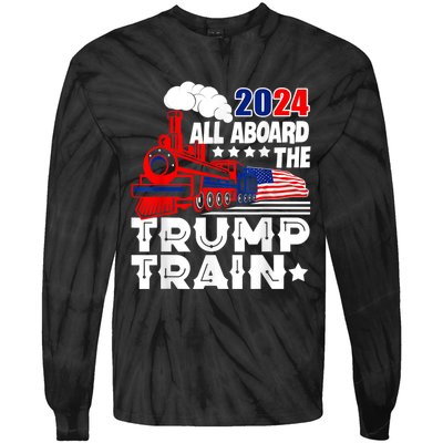 Trump 2024 All Aboard The Trump Train Usa American Flag Tie-Dye Long Sleeve Shirt