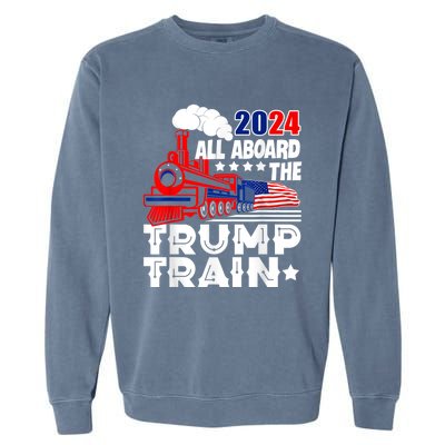 Trump 2024 All Aboard The Trump Train Usa American Flag Garment-Dyed Sweatshirt