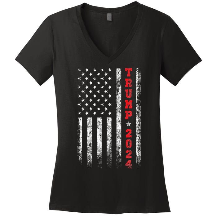 Trump 2024 American Flag Vintage Women's V-Neck T-Shirt