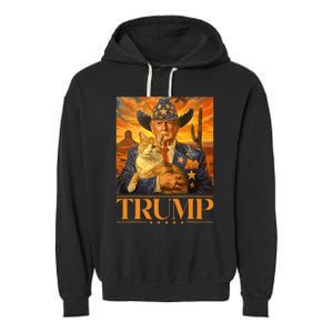 Trump 2024 And Cat Western Cowboy Patriotic Garment-Dyed Fleece Hoodie