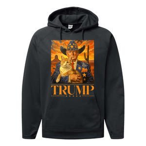 Trump 2024 And Cat Western Cowboy Patriotic Performance Fleece Hoodie