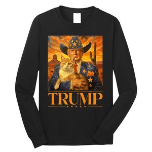 Trump 2024 And Cat Western Cowboy Patriotic Long Sleeve Shirt