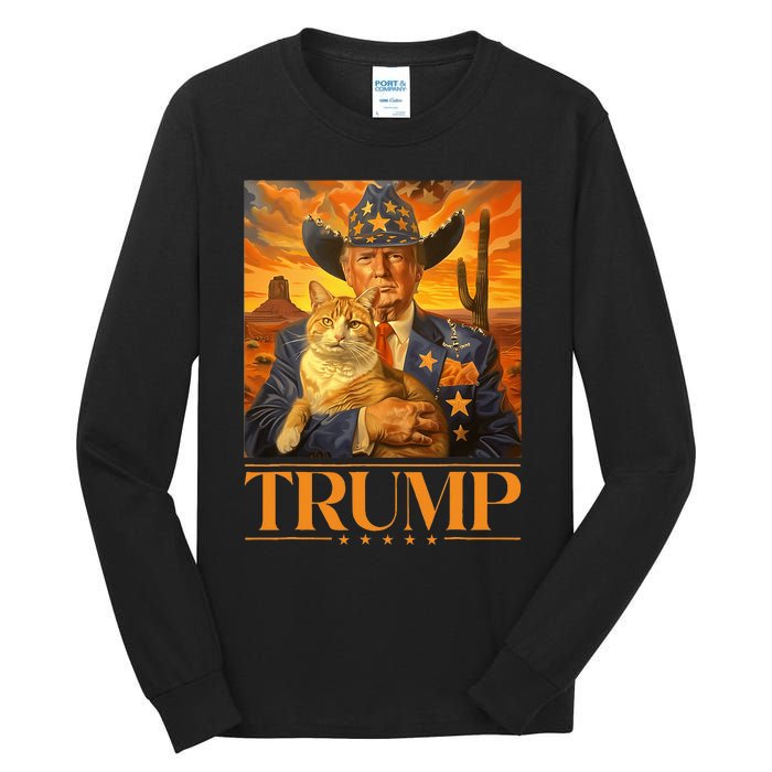 Trump 2024 And Cat Western Cowboy Patriotic Tall Long Sleeve T-Shirt