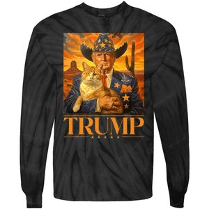 Trump 2024 And Cat Western Cowboy Patriotic Tie-Dye Long Sleeve Shirt