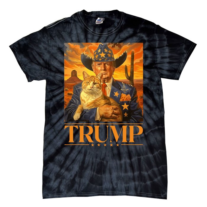 Trump 2024 And Cat Western Cowboy Patriotic Tie-Dye T-Shirt