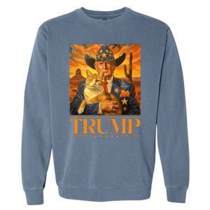 Trump 2024 And Cat Western Cowboy Patriotic Garment-Dyed Sweatshirt