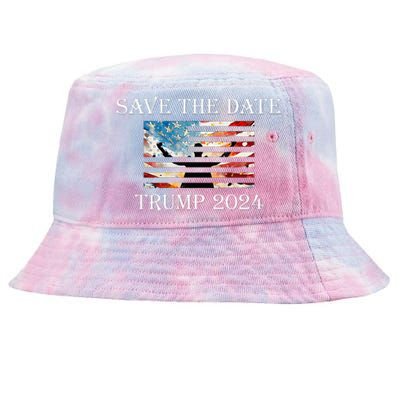 Trump 2024 American Flag Save The Date Take America Back Tie-Dyed Bucket Hat