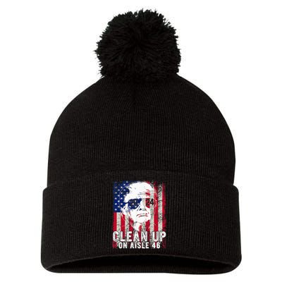 Trump 2024 Back America Clean Up On Aisle 46 Anti Joe Biden Pom Pom 12in Knit Beanie