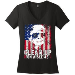 Trump 2024 Back America Clean Up On Aisle 46 Anti Joe Biden Women's V-Neck T-Shirt