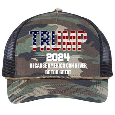 Trump 2024 Because America Can Never Be Too Great Retro Rope Trucker Hat Cap