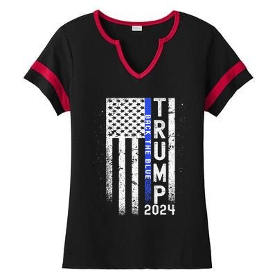 Trump 2024 Back The Blue American Flag Blue Line Ladies Halftime Notch Neck Tee