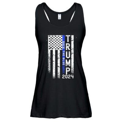 Trump 2024 Back The Blue American Flag Blue Line Ladies Essential Flowy Tank