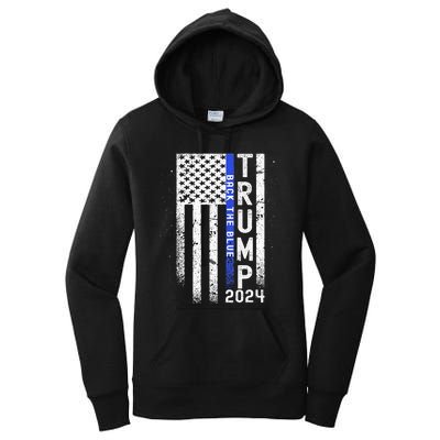 Trump 2024 Back The Blue American Flag Blue Line Women's Pullover Hoodie