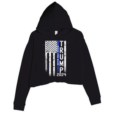 Trump 2024 Back The Blue American Flag Blue Line Crop Fleece Hoodie