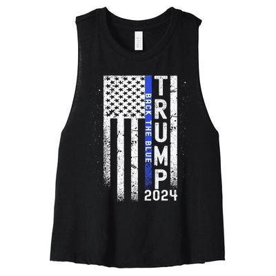 Trump 2024 Back The Blue American Flag Blue Line Women's Racerback Cropped Tank