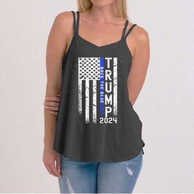 Trump 2024 Back The Blue American Flag Blue Line Women's Strappy Tank