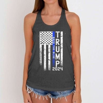 Trump 2024 Back The Blue American Flag Blue Line Women's Knotted Racerback Tank