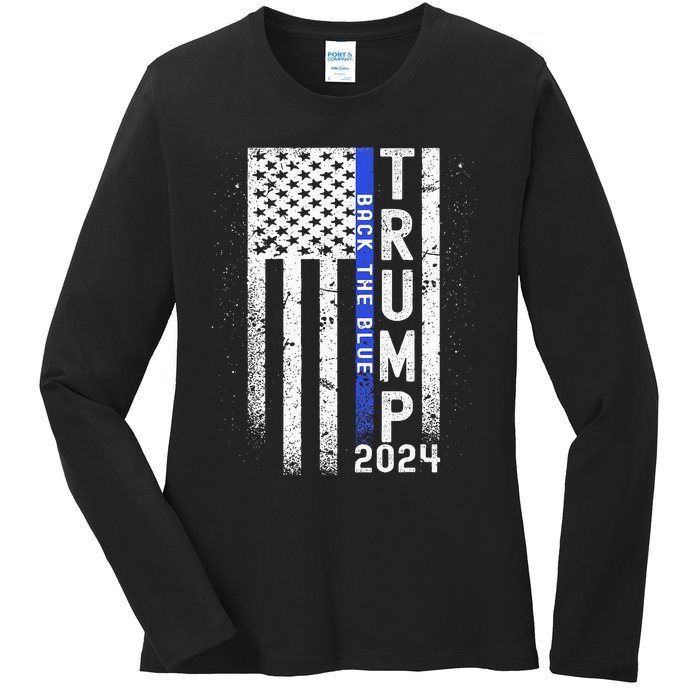 Trump 2024 Back The Blue American Flag Blue Line Ladies Long Sleeve Shirt