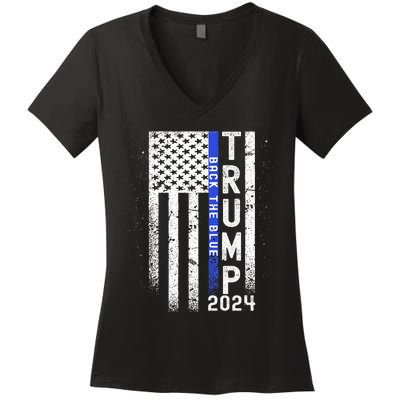 Trump 2024 Back The Blue American Flag Blue Line Women's V-Neck T-Shirt