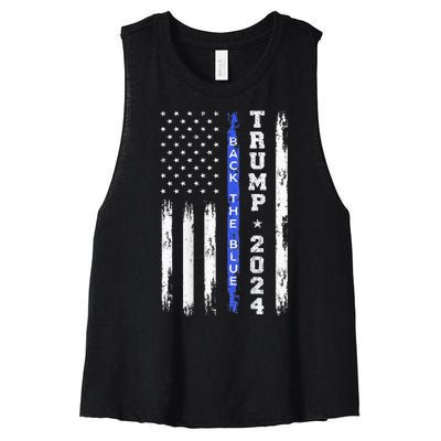 Trump 2024 Back The Blue Thin Blue Line American Flag Police Women's Racerback Cropped Tank