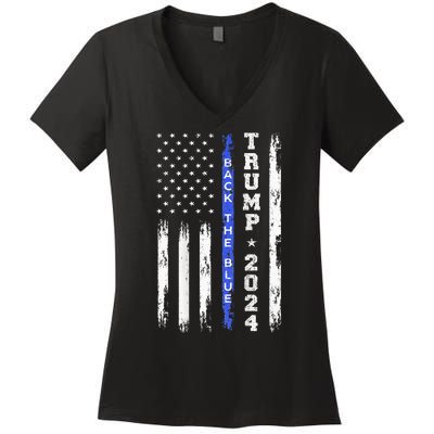 Trump 2024 Back The Blue Thin Blue Line American Flag Police Women's V-Neck T-Shirt