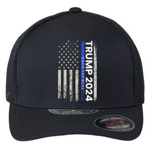 Trump 2024 Back The Blue Thin Blue Line Police American Flag Flexfit Unipanel Trucker Cap