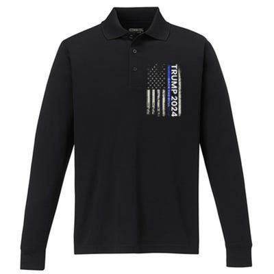 Trump 2024 Back The Blue Thin Blue Line Police American Flag Performance Long Sleeve Polo