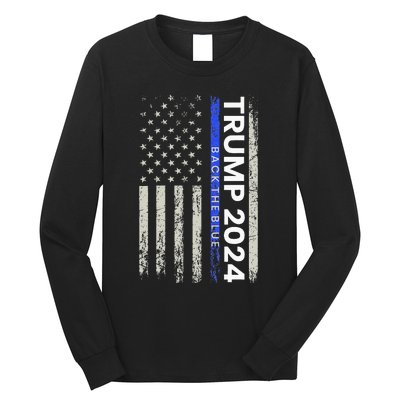 Trump 2024 Back The Blue Thin Blue Line Police American Flag Long Sleeve Shirt