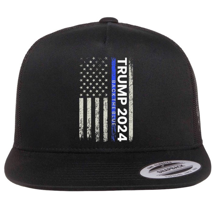 Trump 2024 Back The Blue Thin Blue Line Police American Flag Flat Bill Trucker Hat