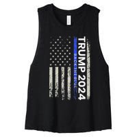 Trump 2024 Back The Blue Thin Blue Line Police American Flag Women's Racerback Cropped Tank