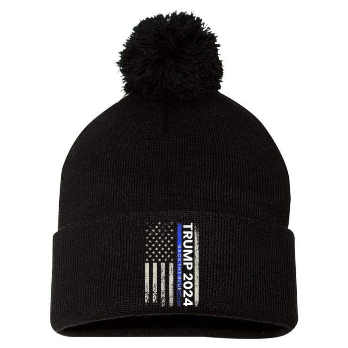 Trump 2024 Back The Blue Thin Blue Line Police American Flag Pom Pom 12in Knit Beanie