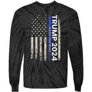 Trump 2024 Back The Blue Thin Blue Line Police American Flag Tie-Dye Long Sleeve Shirt