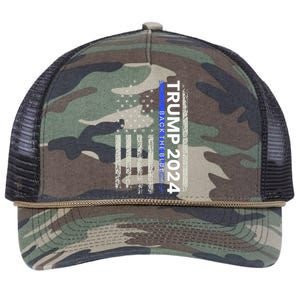 Trump 2024 Back The Blue Thin Blue Line Police American Flag Retro Rope Trucker Hat Cap