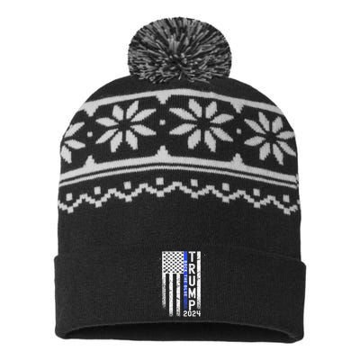 Trump 2024 Back The Blue American Flag Blue Line USA-Made Snowflake Beanie