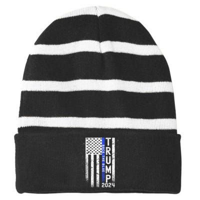 Trump 2024 Back The Blue American Flag Blue Line Striped Beanie with Solid Band