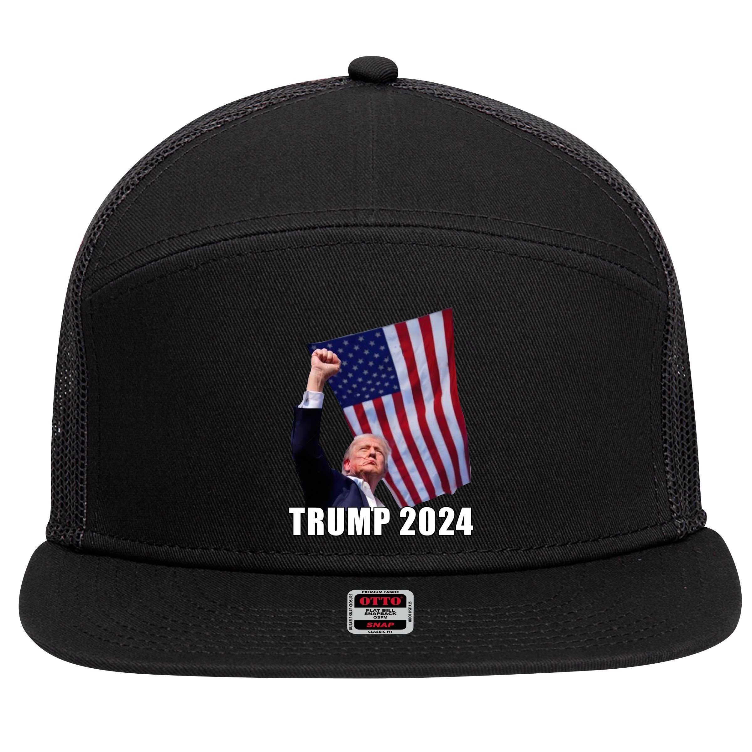 Trump 2024 Bullet Flag Fist Election 7 Panel Mesh Trucker Snapback Hat