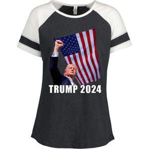 Trump 2024 Bullet Flag Fist Election Enza Ladies Jersey Colorblock Tee