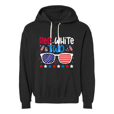 Two 2nd Birthday 4th Of July 2nd Birthday Party Garment-Dyed Fleece Hoodie