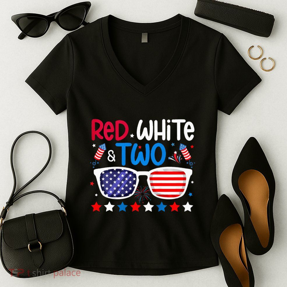 Two 2nd Birthday 4th Of July 2nd Birthday Party Women's V-Neck T-Shirt