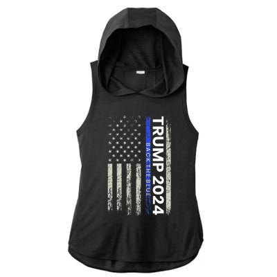 Trump 2024 Back The Blue Thin Blue Line Police American Flag Ladies PosiCharge Tri-Blend Wicking Draft Hoodie Tank