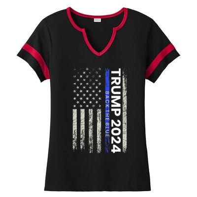 Trump 2024 Back The Blue Thin Blue Line Police American Flag Ladies Halftime Notch Neck Tee