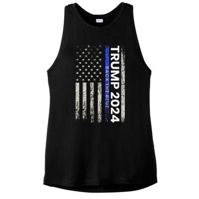 Trump 2024 Back The Blue Thin Blue Line Police American Flag Ladies PosiCharge Tri-Blend Wicking Tank