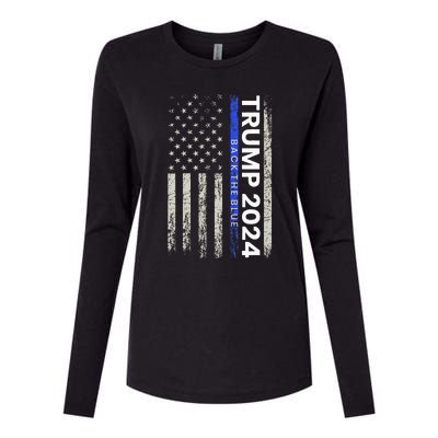 Trump 2024 Back The Blue Thin Blue Line Police American Flag Womens Cotton Relaxed Long Sleeve T-Shirt