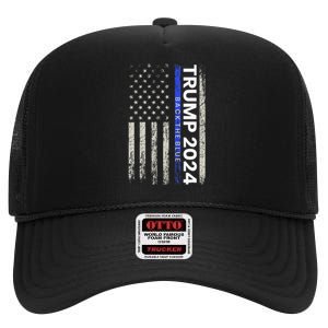 Trump 2024 Back The Blue Thin Blue Line Police American Flag High Crown Mesh Back Trucker Hat