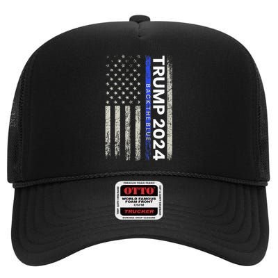 Trump 2024 Back The Blue Thin Blue Line Police American Flag High Crown Mesh Back Trucker Hat