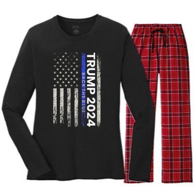 Trump 2024 Back The Blue Thin Blue Line Police American Flag Women's Long Sleeve Flannel Pajama Set 