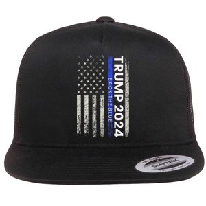 Trump 2024 Back The Blue Thin Blue Line Police American Flag Flat Bill Trucker Hat